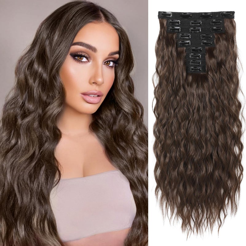 REECHO Hair Extensions 9PCS Clip in Hair Extensions 24 Thick Long Mini Mermaid Wave Luxurious Lightweight Japanese Technology HYOUITSU Fiber Invisible Soft Lace Weft  HE009 Dark Chocolate Brown